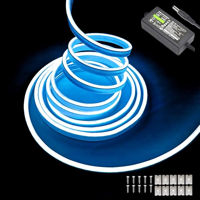 Ice Blue Neon LED Strip Lights, 16.4ft 12V Waterproof Flexible Light for Indoor/Outdoor Decoration (Includes Power Adapter)