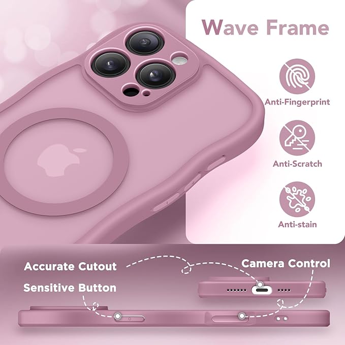 CAPRARO for iPhone 16 Pro Case for Women Girls, Upgraded [Full Camera Protection] [Compatible with MagSafe] Cute Wave Translucent Matte Phone Case for iPhone 16 Pro, Black Currant