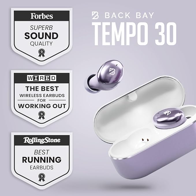 Back Bay Audio Tempo 30 Wireless Earbuds for Small Ears - Award-Winning Sound, Sweatproof Bluetooth Earbuds, Tech Fitness Gifts for Men, Comfortable Bluetooth Ear Buds for Women - Lavender