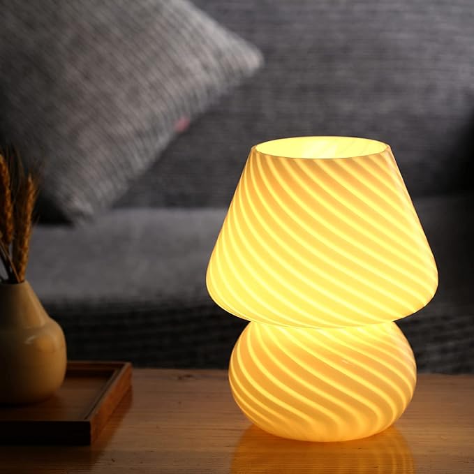 BSOD Mushroom Lamp,Glass Table Bedside Lamps Translucent Murano Vintage Style Striped Small Night Mushroom Decor Light Swirl for Ambient,Kids,Bedroom,Living,Girl Gift (Stripe White)
