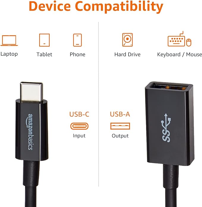 Amazon Basics USB 3.1 USB-C to USB-A Female Adapter Cable Converter, 5Gbps High-Speed, USB-IF Certified, Fast Transfer, Portable, for Laptops, Tablets, Phones (iPhone 16/15), Black