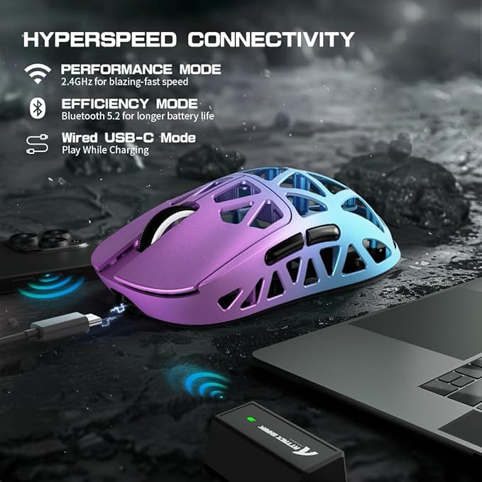 ATTACK SHARK R2PRO 45g Superlight Magnesium Alloy Mouse, PixArt PAW3950 Sensor, 42000DPI, 8000Hz Wireless Polling Rate, 2.4G/BT/Wired Gaming Mouse, Programmable Mice with Coiled Cable, PC/Mac, Purple