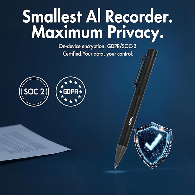 LIMU AI Voice Recorder Pen with App Control - 64GB AI Note Taking Device - ChatGPT 5 Translation, Summaries & Mind Maps (125 Languages), 400 Min/Month, 13h Recording Audio Recorder with Transcription