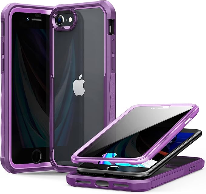 CENHUFO Privacy Case for iPhone SE 2022 3rd / iPhone SE 2020 2nd / iPhone 8/7, Full Body Phone Cover with Built-in 9H Tempered Glass Privacy Screen Protector, Anti Peep Shockproof Bumper - Purple