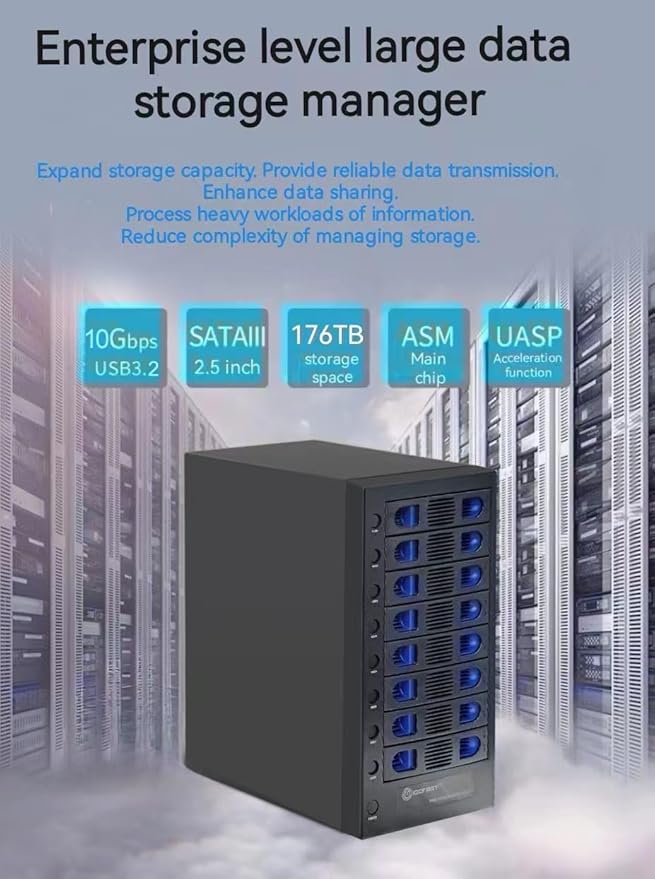 8 Bay Tool Less Tray Hot Swapable 2.5" and 3.5" SATA Hard Drive External USB-C 3.2 (10Gbps) Hard Drive Enclosure. Support up to 8X 22TB Capacity.