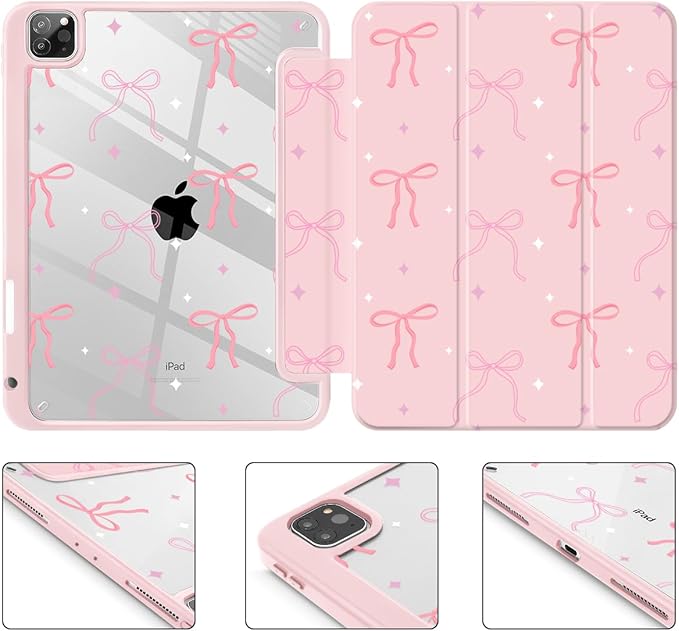 Tuiklol for iPad Pro 12.9 Inch 6th/5th/4th/3rd Generation 2022 2021 2020 2018 Case,Built-in Pencil Holder Clear Transparent Protective Back Shell Cover with Auto Sleep/Wake, Pink Bows