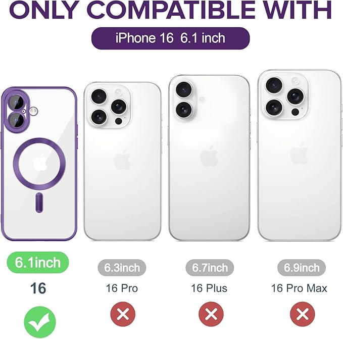 Hython Magnetic Clear for iPhone 16 Case with Camera Lens Protector [Compatible with MagSafe] Luxury Plating Edge Slim Soft TPU Cover Protective Phone Case for iPhone 16 6.1", Matte Purple