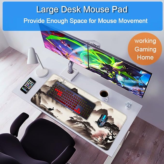 Mousepad, 31.5x15.7 inch Large Extended Gaming Computer Keyboard Mouse Mat, Water Resist Non-Slip Mousepad Rubber Base Long XXL Mouse Pad for Work & Gaming, Office & Home, Landscape Painting