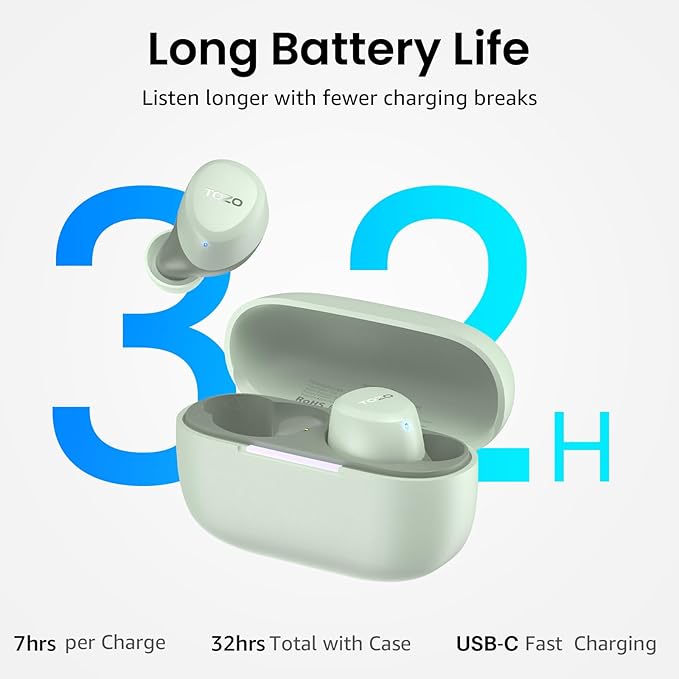 TOZO A1 Wireless Earbuds Bluetooth 5.3 Light Weight in Ear IPX5 Waterproof Headphones 2 Mic for AI Calls, Immersive Premium Sound Bass Headset with Charging Case, 32 Presets EQ Customization via App