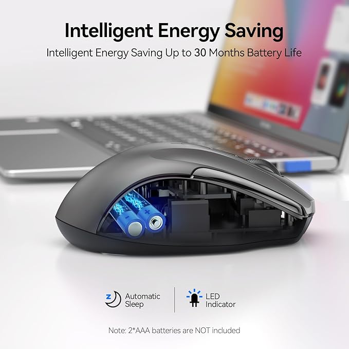 TECKNET Wireless Mouse (2.4G & BT5.0/3.0) Silent 4800 DPI Computer USB A & Bluetooth Mouse 6 Buttons, Wide Compatibility - Grey