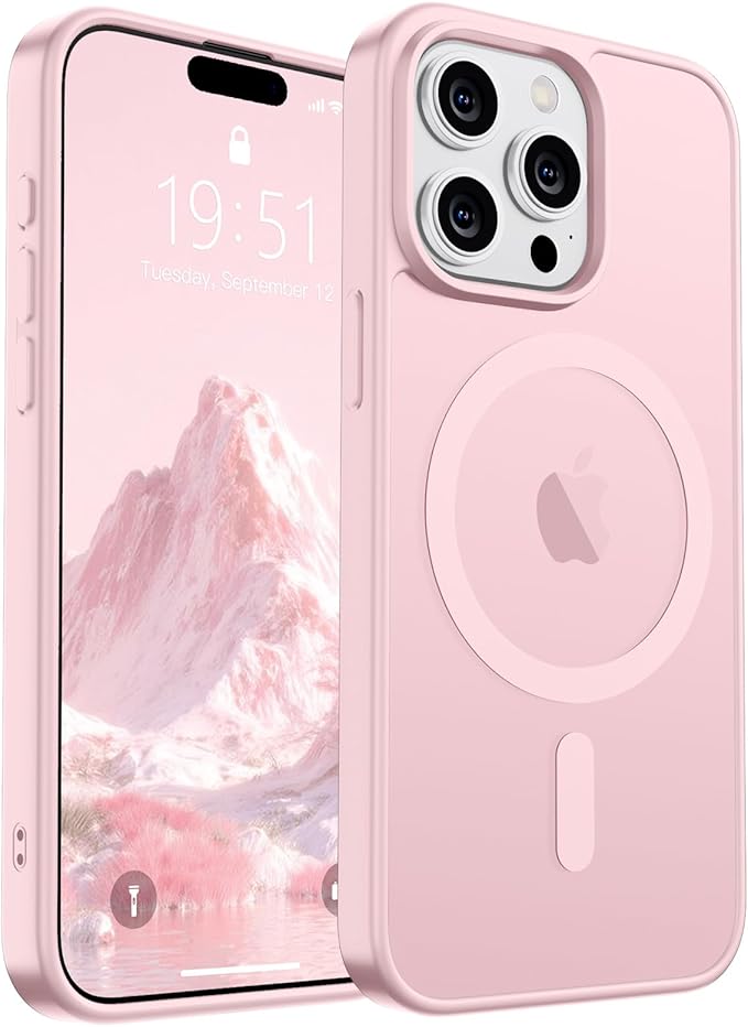 SUPFINE Magnetic for iPhone 15 Pro Max Case (Compatible with MagSafe) (Military Grade Drop Protection) Translucent Matte Shockproof Phone Cover,Light Pink