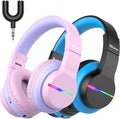 iClever BTH12 Kids Bluetooth Headphones 2 Pack,Colorful LED Lights,74/85dBA Safe Volume,85H Playtime,Bluetooth 5.2,Over Ear Kids Headphones Built-in Mic for iPad/Tablet/Airplane, Pink & Black