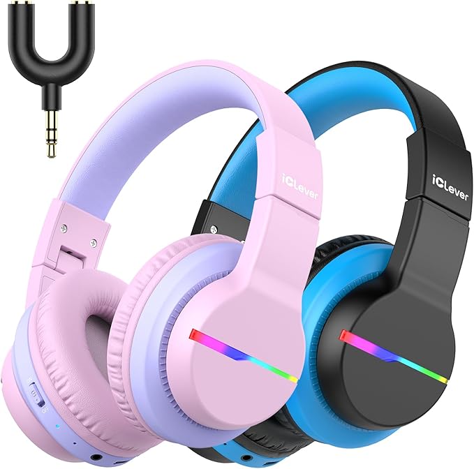 iClever BTH12 Kids Bluetooth Headphones 2 Pack,Colorful LED Lights,74/85dBA Safe Volume,85H Playtime,Bluetooth 5.2,Over Ear Kids Headphones Built-in Mic for iPad/Tablet/Airplane, Pink & Black