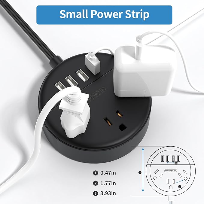 Flat Plug Power Strip, NTONPOWER 5 ft Ultra Thin Flat Extension Cord, 3 Outlet and 4 USB Ports, Wall Mountable, Compact Power Strip for Travel, Office, School, Home, Dorm Room Essentials