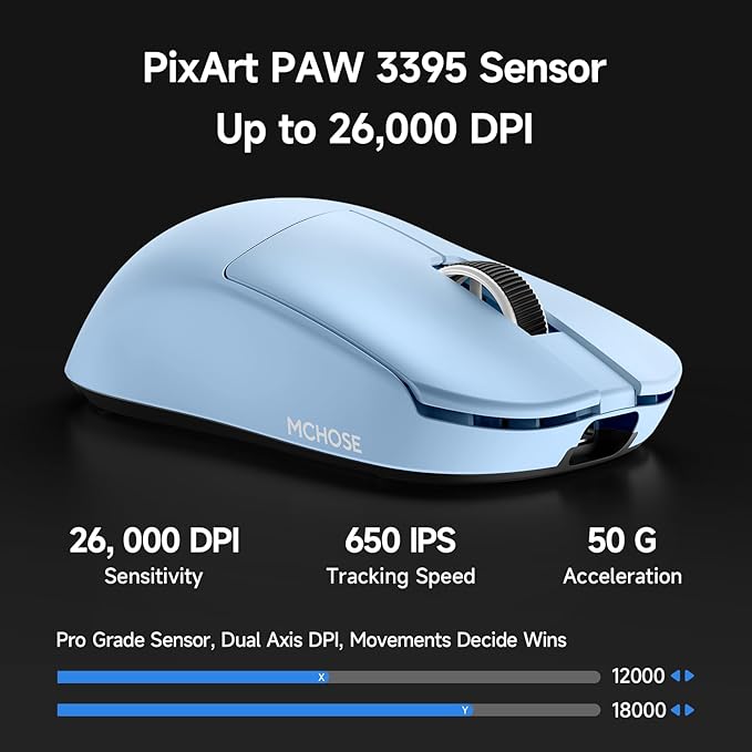 MCHOSE L7 Pro Wireless Gaming Mouse Super Light 39g, Gaming Mouse Esport with 26K DPI, Optical Switch, Programmable Buttons, Dual 8K Polling and PAW3395 Sensor, Tri-Mode Connection, PC/Mac - Blue