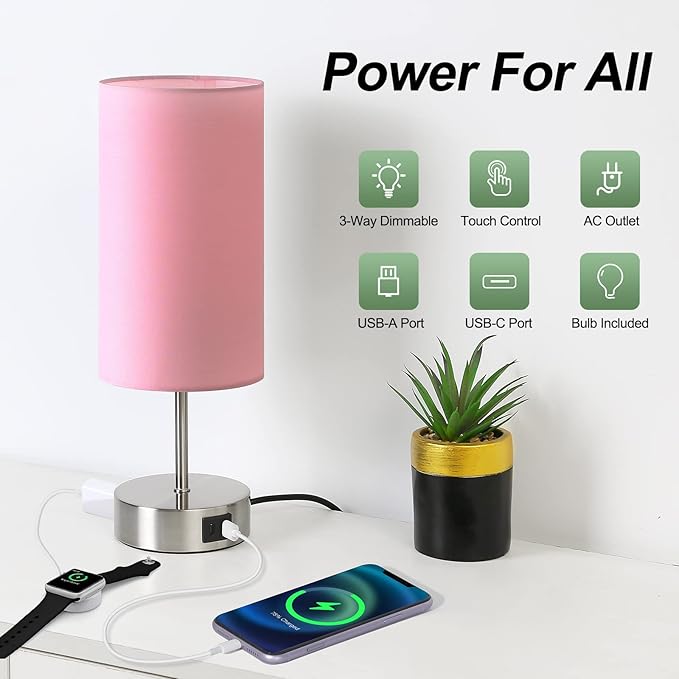 Yarra-Decor 【Upgraded Bedside Lamp with USB A+C Charging Ports & AC Outlet Touch Control Table Lamp for Girl Bedroom 3 Way Dimmable Nightstand Lamp with Pink Shade for Home, Dorm(Bulb Included)