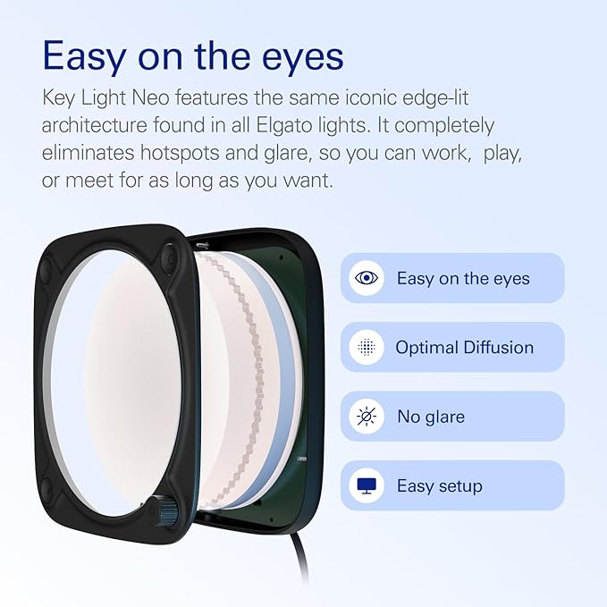 Elgato Key Light Neo (Black) – Professional Video Call Light, No Glare, Adjustable Monitor Mount, Manual or Wi-Fi Control, Office/Streaming, Teams/Zoom/Slack/Twitch/YouTube – Laptop, PC, Mac
