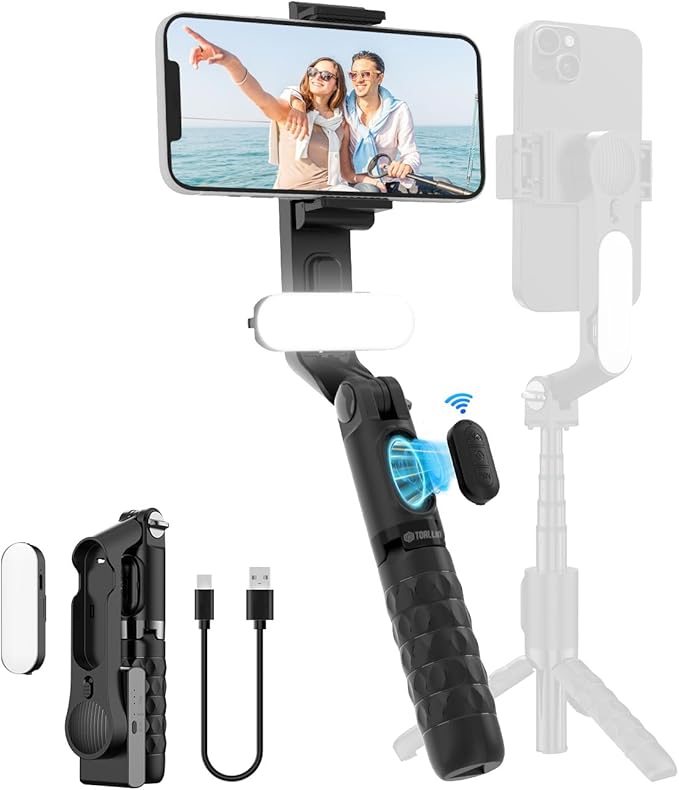 TOALLIN Selfie Stick with Light for Smartphone, Gimbal Stabilizer with Remote, Retractable and Foldable Phone Tripod for iPhone & Android, Video Recording, Streaming, Vlogging