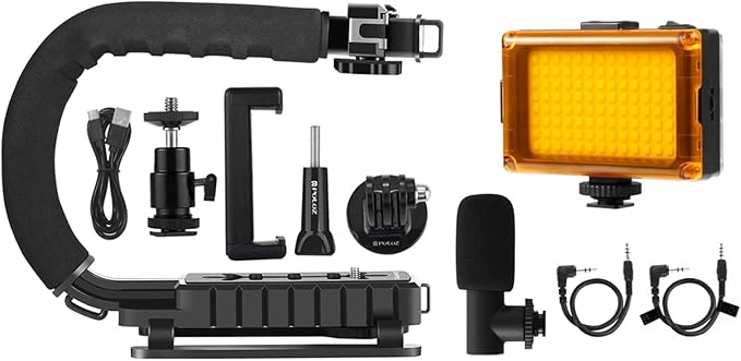 PULUZ U/C Shape Portable Handheld Bracket Stabilizer Kits Handle Grip + LED Studio Light + Video Microphone Kit with Cold Shoe Tripod Head for All SLR Cameras and Home DV Camera Smartphones