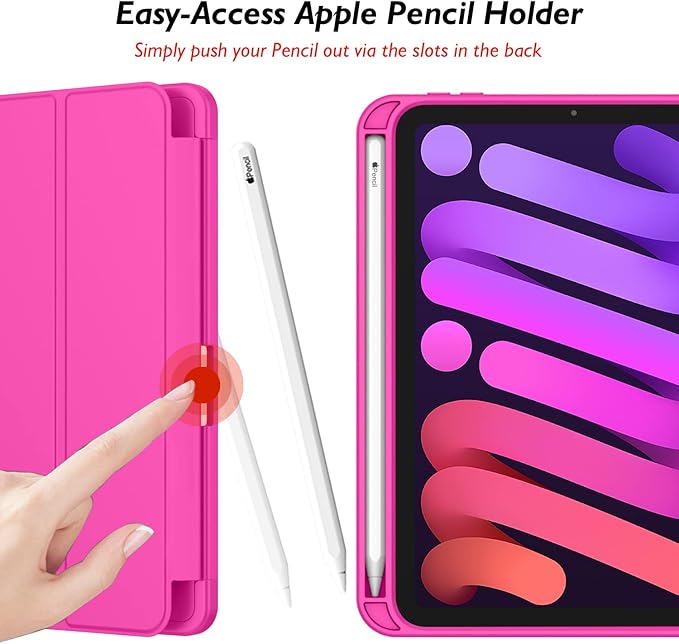 iMieet iPad mini 7 Case 2024 (A17 Pro), iPad mini 6 Case (8.3-Inch,2021 Model), iPad mini 7th/6th Generation Case with Pencil Holder, Trifold Stand Smart Case with Soft TPU Back,Rose Red
