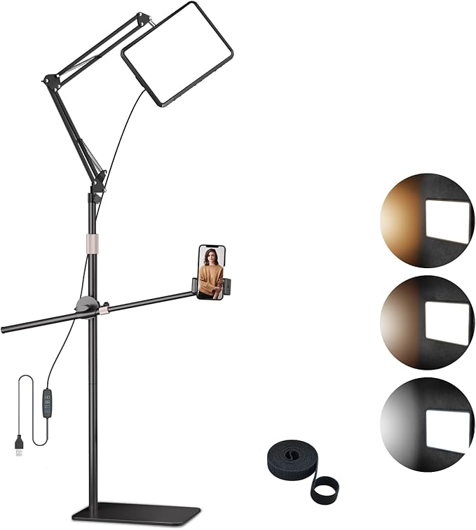 Selfie Light with Stand and Cell Phone Holder, 12" Led Panel Lamp Tripod with Adjustable Arm, 2800-7000K Color Temperature for Photoshoot, Video Recording, Streaming, Vlog, YouTube, TikTok
