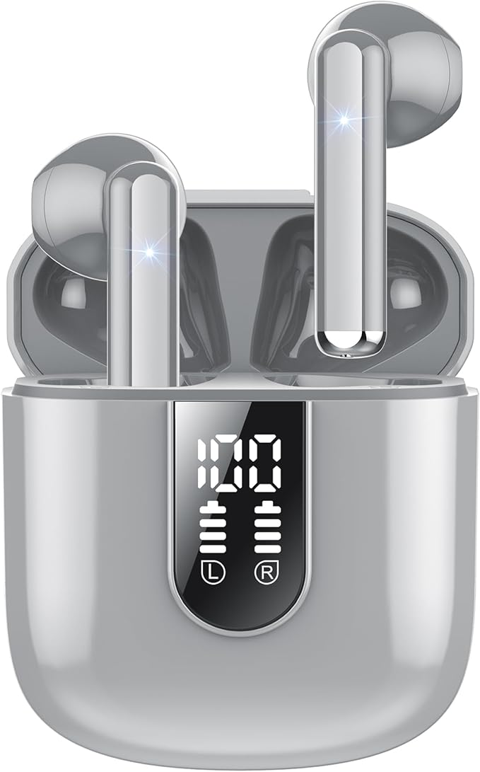 Jesebang Wireless Earbuds, Bluetooth 5.4 Headphones HiFi Stereo, Bluetooth Earbuds with ENC Noise Cancelling Mic, 36H LED Display Ear Buds, IPX7 in Ear Earphones for Phone Tablet Laptop Sports, Grey