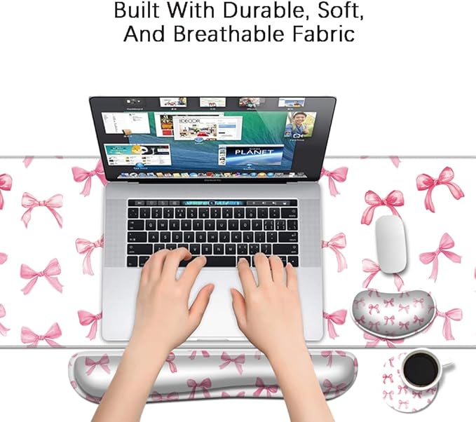 MIBITRI Keyboard Mouse Pad Set, Extended Gaming Mouse Pad+Ergonomics Keyboard Wrist Rest Support, Memory Foam, Easy Typing Pain Relief, 4Pcs XXL Ultra Thick Desk Mat, Pink Bows