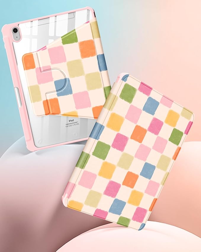 Uppuppy for iPad A16 Case for iPad 10th Generation Case 10.9 inch - 360 Degree Rotating Stand Folio Smart Cover with Pencil Holder for Women Girls, Colorful Checkered for Apple 10th 2022/11th 2025