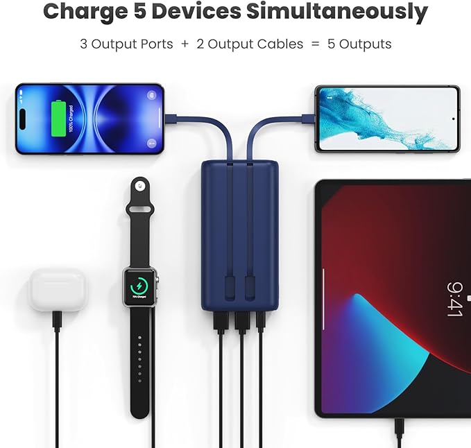 Feob Portable Charger 40800mAh Power Bank with Built-in Cables,25W PD USB C Fast Charging Battery Pack,5 Outputs Dual Input Backup Charger for iPhone 17/16/15/14/13/12,Galaxy S24 Android Phone etc