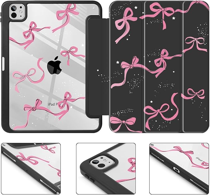 May Chen for iPad Pro 13 Inch Case M5 2025 / M4 2024, Built Pencil Holder & Clear Transparent Print Back Shell Slim Stand Shockproof Tablet Cover, Auto Wake/Sleep, Black Bows