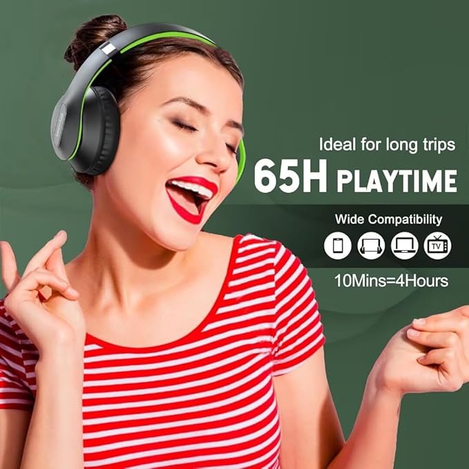 Wireless Bluetooth Headphones Over Ear 65H Playtime HiFi Stereo Headset with Microphone and 6EQ Modes Foldable Bluetooth V6.0 Headphones for Travel Smartphone Computer Laptop