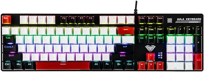 MechLands Aula S500 Wired Gaming Keyboard, 100% Full Size Mechanical Keyboard with Number Pad, 104 Keys, NKRO, RGB Backlits, Shine Through Keycaps, Ergonomic for PC E-Sports (Black&Red, Blue Switch)