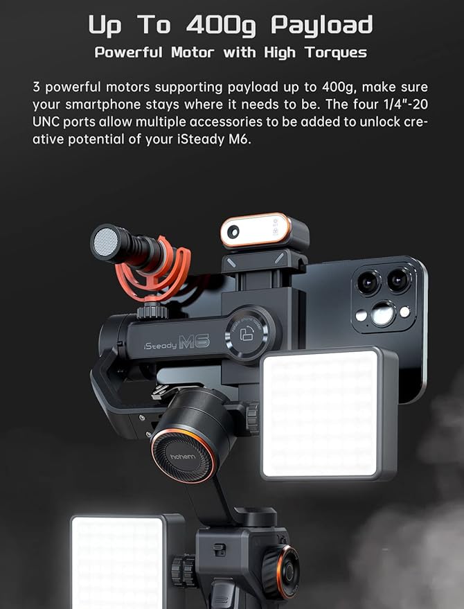 Hohem iSteady M6 Kit Smartphone Gimbal Stabilizer 3-Axis with Magnetic Fill Light/AI Tracking Sensor for iPhone Android with 0.91-inch OLED Display Max Payload 400g