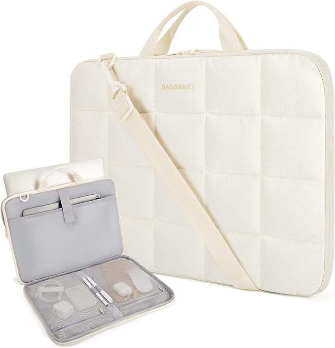 BAGSMART Laptop Case with Handle, Puffy Laptop Sleeve Bag for Women, MacBook Case for Dell, HP, Lenovo, MacBook Air/Pro, 15-15.6 inch, Beige