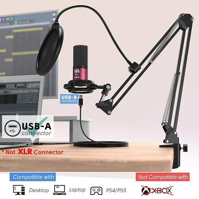 FIFINE Podcast Microphone Kit-USB PC Computer Recording Microphone, Condenser Mic Set for Streaming, Gaming, Voice-Over, Meeting, with Arm Stand, Shock Mount, Pop Filter-T669 Rose Red