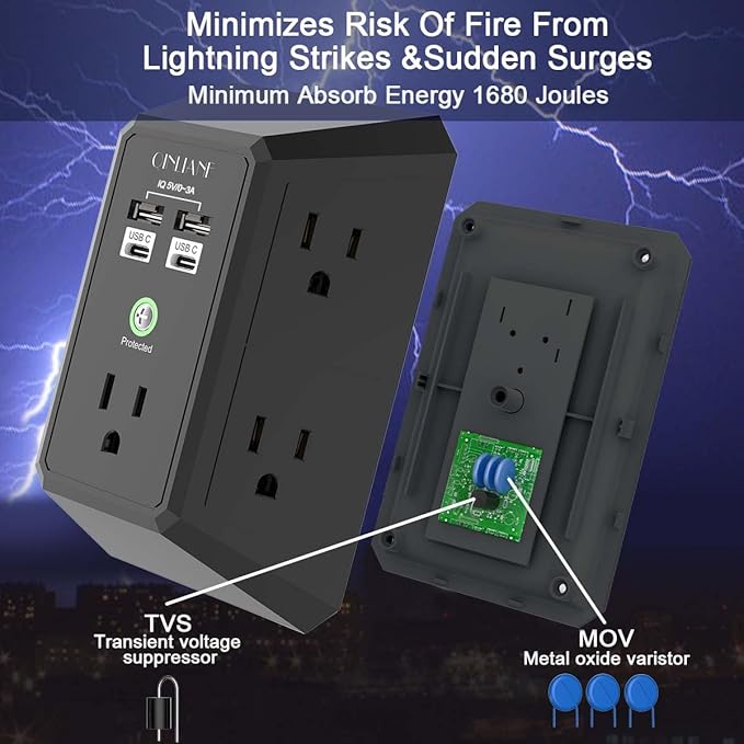 USB Wall Charger, Surge Protector, QINLIANF 5 Outlet Extender with 4 USB Charging Ports(2U2C) 3-Sided 1680J Power Strip Multi Plug Outlets Wall Adapter Spaced for Home Travel Office,Black