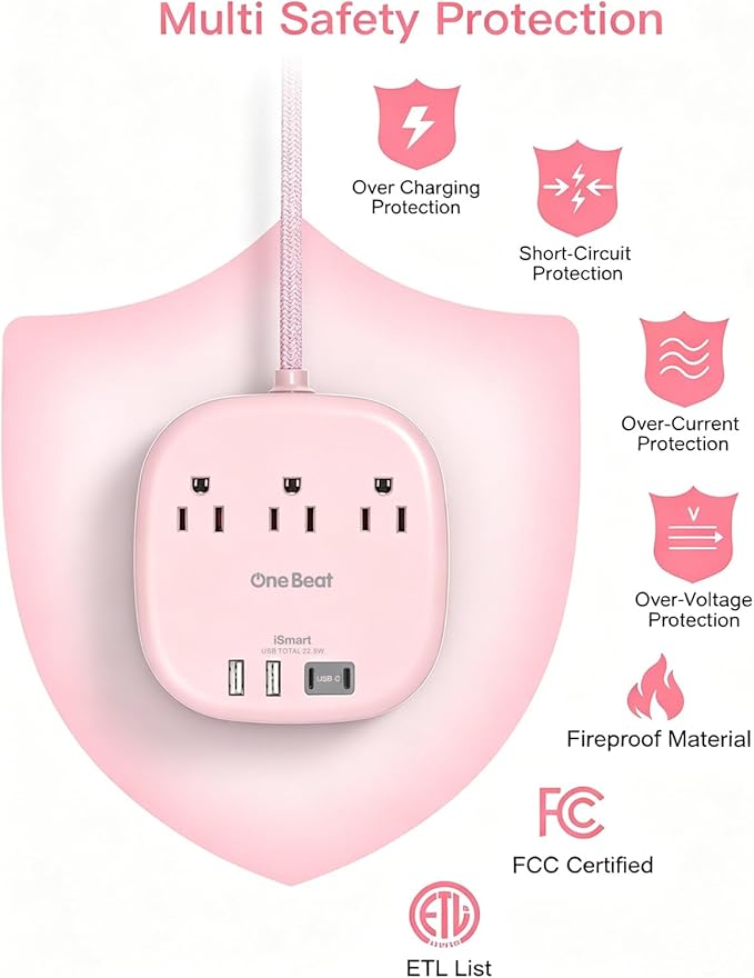 Cruise Ship Travel Essentials, 22.5W/4.5A Flat Plug Power Strip, 10Ft Long Extension Cord, 3 Outlets 4 USB Ports (2 USB C) Cruise Approved Power Strip No Surge Protection, USB Charging Station, Pink