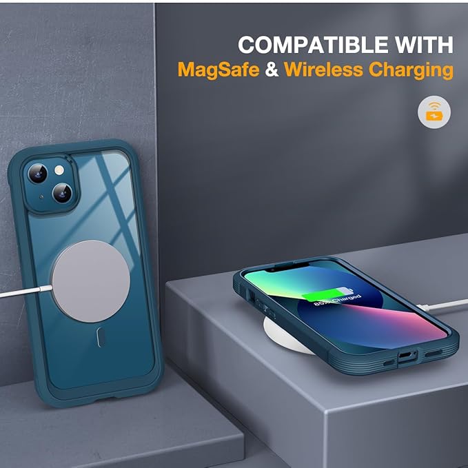 Miracase for iPhone 13 Case 6.1'',Full-Body Magnetic Clear Bumper Case with Built-in 9H Tempered Glass Screen Protector,Military Drop Protection Outdoor Phone Case,Storm Blue