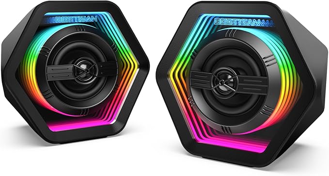 Computer Gaming Speakers, 50W Active Desktop Speakers with Infinity Mirror 3D Tunnel RGB (8 Modes), Bluetooth 5.3, AUX in, Headphone Out & Type-C Input, 3 EQ Modes, AC Powered for PC/Laptop/TV