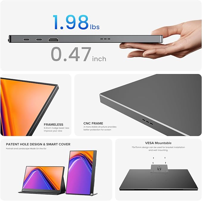 UPERFECT Portable Monitor 15.6”, NxtLED™ Eye Care Laptop Monitor, 125% sRGB 1080P, Flicker-Free Low Blue Light Display, USB-C & HDMI & VESA, Travel Second Screen for Computer, Mini PC, Game Consoles