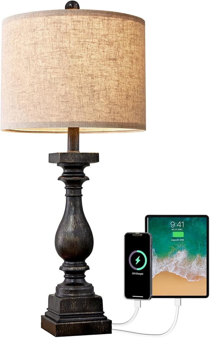 BOBOMOMO Retro 27" USB Charging Ports A/C Farmhouse Single Lamps for Bedrooms Retro Side Table Lamps Bedside Lamp for Side Nightstand Living Room 1 Pack (Blubs not Included)
