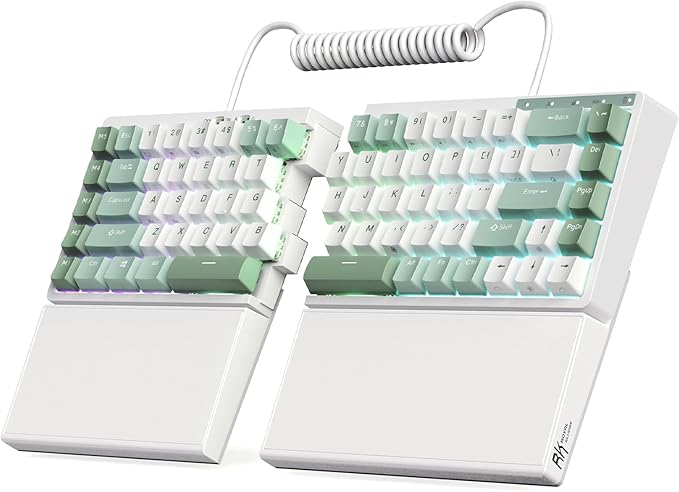 RK ROYAL KLUDGE RKS70 Ergonomic Split Keyboard, Wireless PC Gaming Keyboard with Bluetooth/2.4G/Wired, Hot Swappable Mechanical Keyboards w/Fixed Wrist Rest, PBT Keycaps, Linear Switches, White