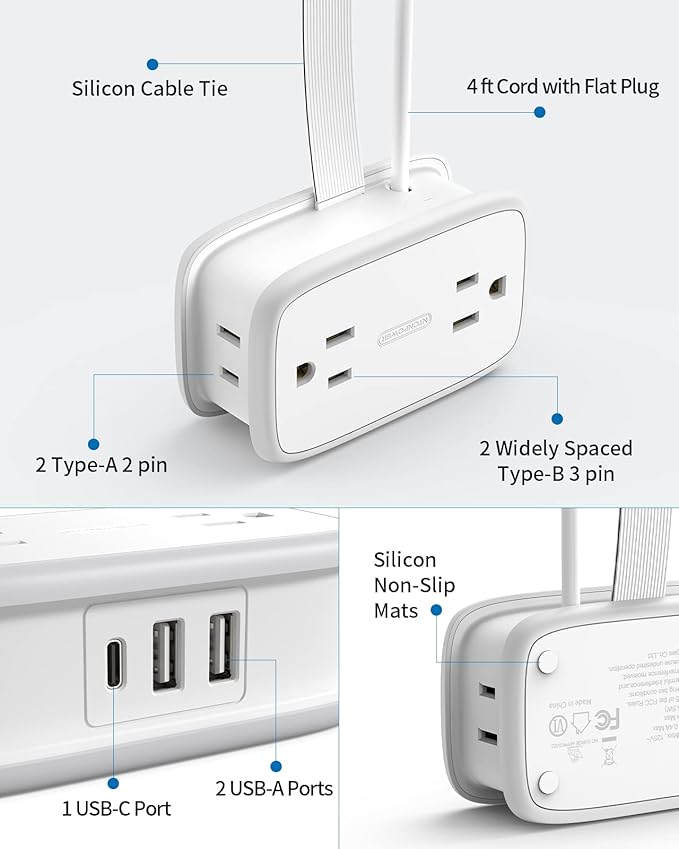 2 Pack Power Strip with USB C Ports, 4 Outlets 3 USB(1 USB-C), NTONPOWER Small Power Strip with 4ft Short Extension Cord Flat Plug, Compact Power Strip for Travel Hotel Cruise Essentials, White