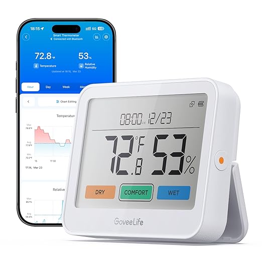 GoveeLife Bluetooth Thermometer Hygrometer, Temperature and Humidity Monitor with App Notifications, Large LCD Display, Indoor Thermometer for Home Baby Room Greenhouse 1-Pack