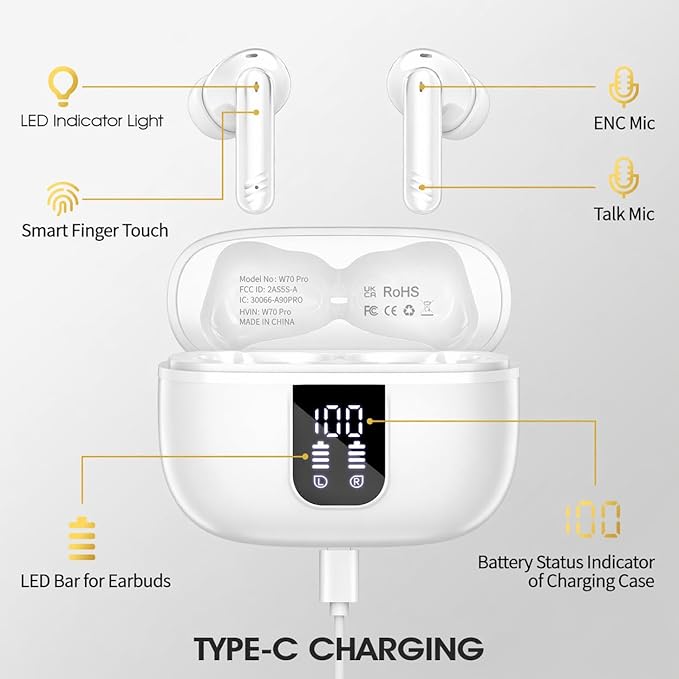 Wireless Earbuds, Bluetooth 5.4 Headphones with 4 Noise Cancelling Mic, 46H In-Ear Buds with 3D Bass Stereo Sound, Small Ears, LED Display, Calls Sports Workout, IPX7 Earphones for Android iOS, White