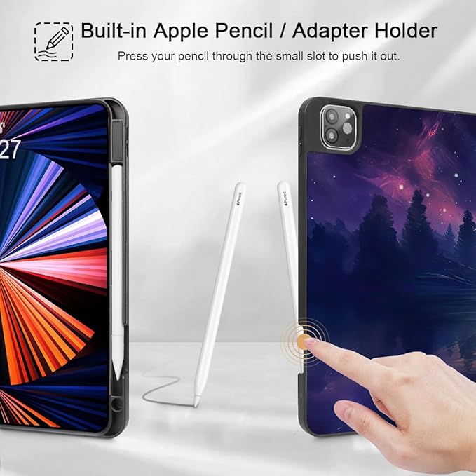 Tuiklo for iPad Pro 12.9 inch 6th / 5th / 4th / 3rd Generation 2022 2021 2020 2018 Release Case- Built in Pencil Holder Slim Protective Cover with Auto Wake/Sleep, Cat and Moon