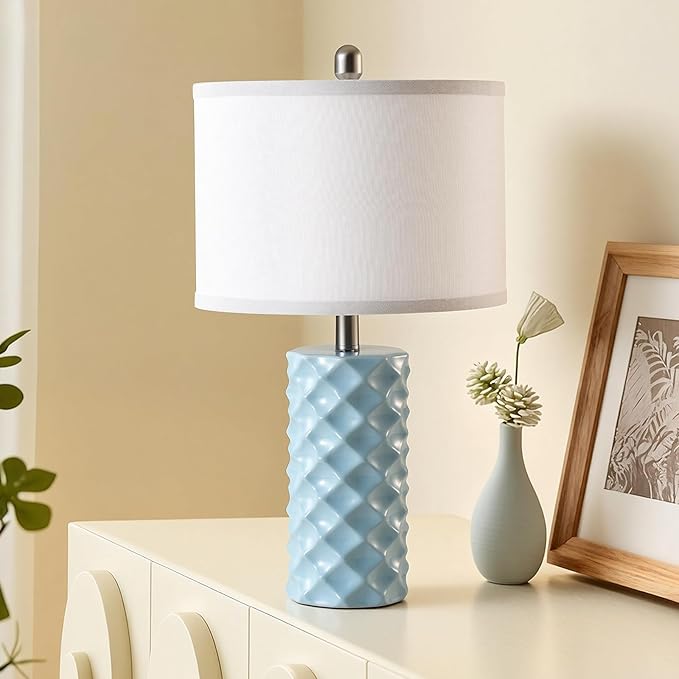 Sky Blue & Star Diamond Ceramic Table Lamps (Set of 2) - 23" Luxe Modern Bedside Lamps for Nightstand,bedrooms, Living Rooms, or entryways & Rotary Switch,No Bulbs