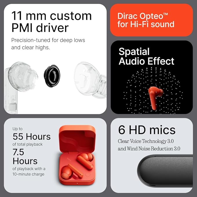 CMF By Nothing Buds 2 48dB Hybrid ANC True Wireless Earbuds, Strong and Comfort Noise Cancelling, Ultra Bass and Dirac Sound, in-Ear Detection, 55H Playtime, 6ENC Mics, Bluetooth 5.4 Dark Grey