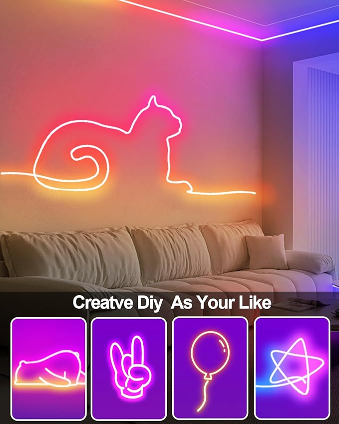 Smart Neon Rope Lights USB, 16.4Ft LED Rope Lights IC & RGB Color Changing with APP Control, Music Sync Neon Strip Lights Outdoor Waterproof DIY for Gaming Room Living Indoor Decor
