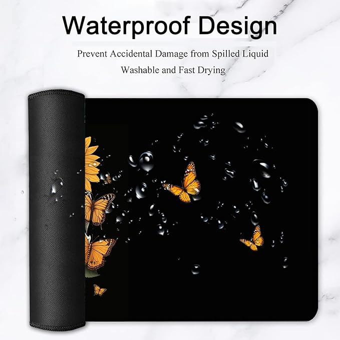 Large Mouse Pad, 31.5 x 11.8in Extended Gaming Mouse Pad with Stitched Edges, XXL Mousepad Protector Non Slip Rubber Base for Office and Home Writing Mat, Skulls and Sunflowers Pattern Black Desk Mat